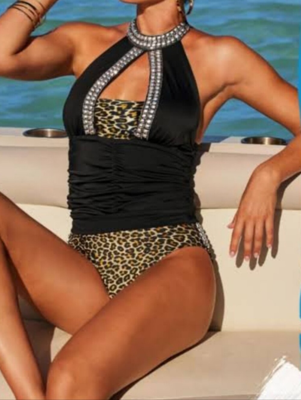 Amita Naithani Black & Leopard Halter Tankini Bikini Top and Bottom Set, S